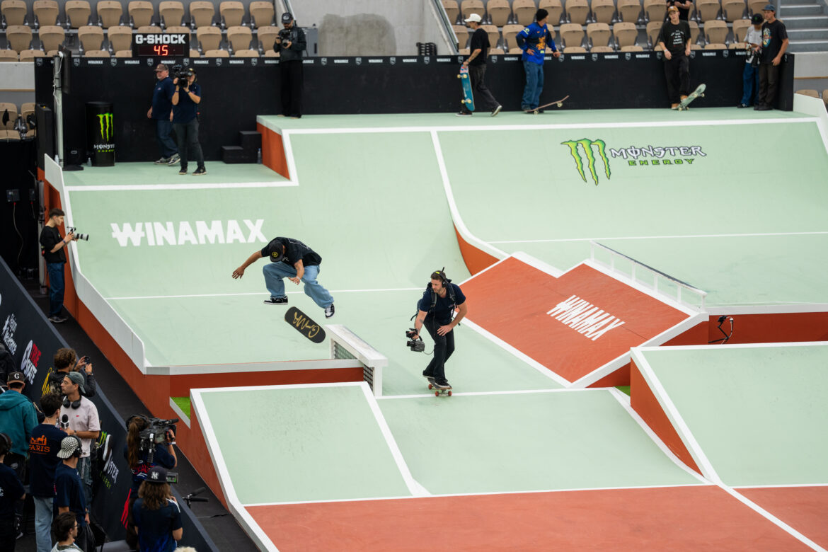 Chris Joslin performs a tre flip during SLS Paris 2026 at Roland-Garros in Paris