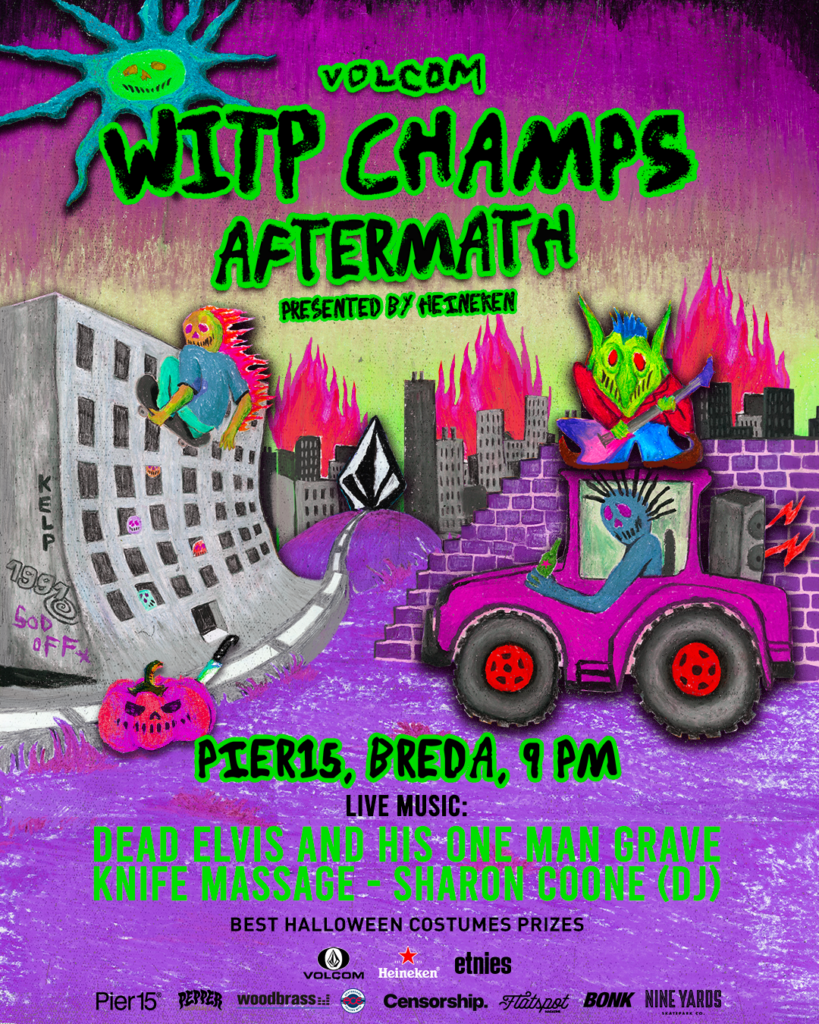 Flyer van de Volcom Wild In The Parks Halloween Afterparty bij Pier15 Skatepark in breda op 31 oktober 2026