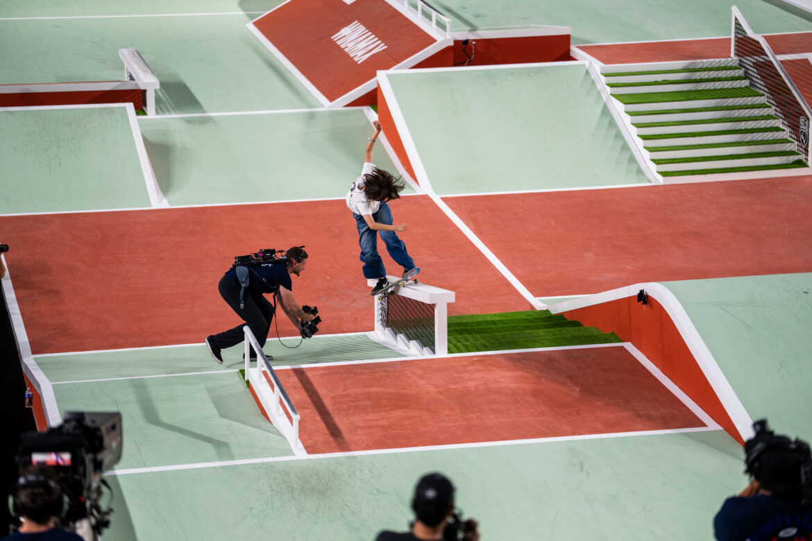 Aoi Uemura performs a Barley Grind during SLS Paris 2026 at Roland-Garros in Paris.