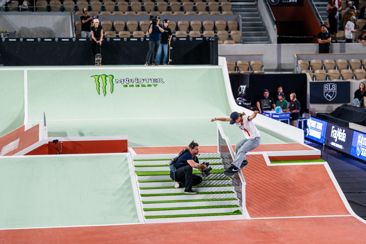 Yumeka Oda performs a feeble grind during SLS Paris 2026 at Roland-Garros in Paris.