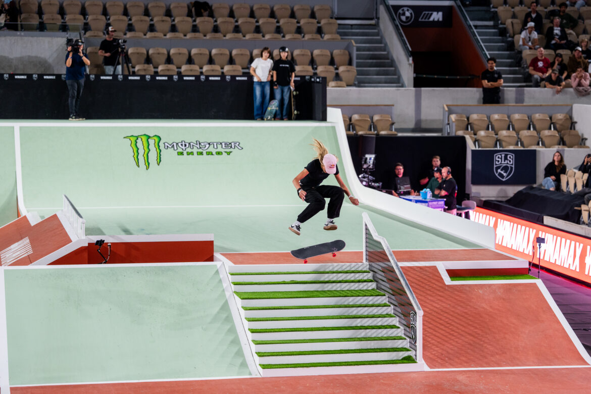 Chloe Covell performs a switch frontside kickflip during SLS Paris 2026 at Roland-Garros in Paris