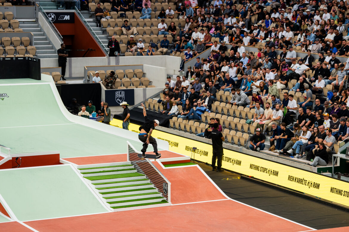 Gustavo Ribeiro skates the stair set during SLS Paris 2026 at Roland-Garros in Paris.