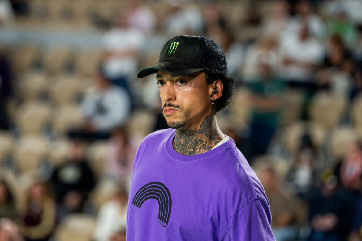 Nyjah Huston during the SLS Paris 2026 men's final at Roland-Garros in Paris.