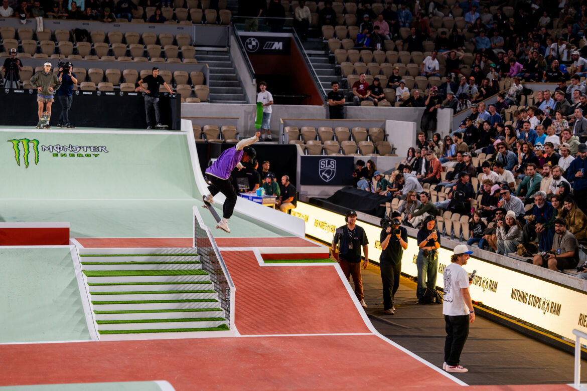 Nyjah Huston performs a backside noseblunt slide during SLS Paris 2026 at Roland-Garros in Paris.