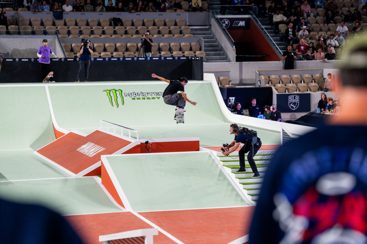 Toa Sasaki performs a backside 360 ollie during SLS Paris 2026 at Roland-Garros in Paris.