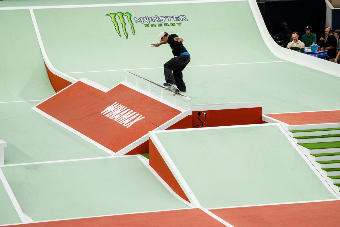 Gustavo Ribeiro during the SLS Paris 2026 street skateboarding contest at Roland-Garros in Paris.