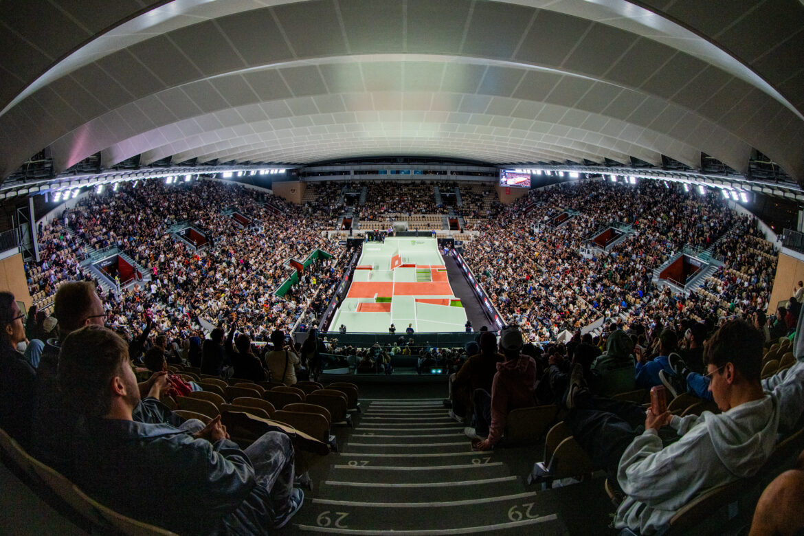 Packed Roland-Garros arena and street skateboarding course during SLS Paris 2026 in Paris.