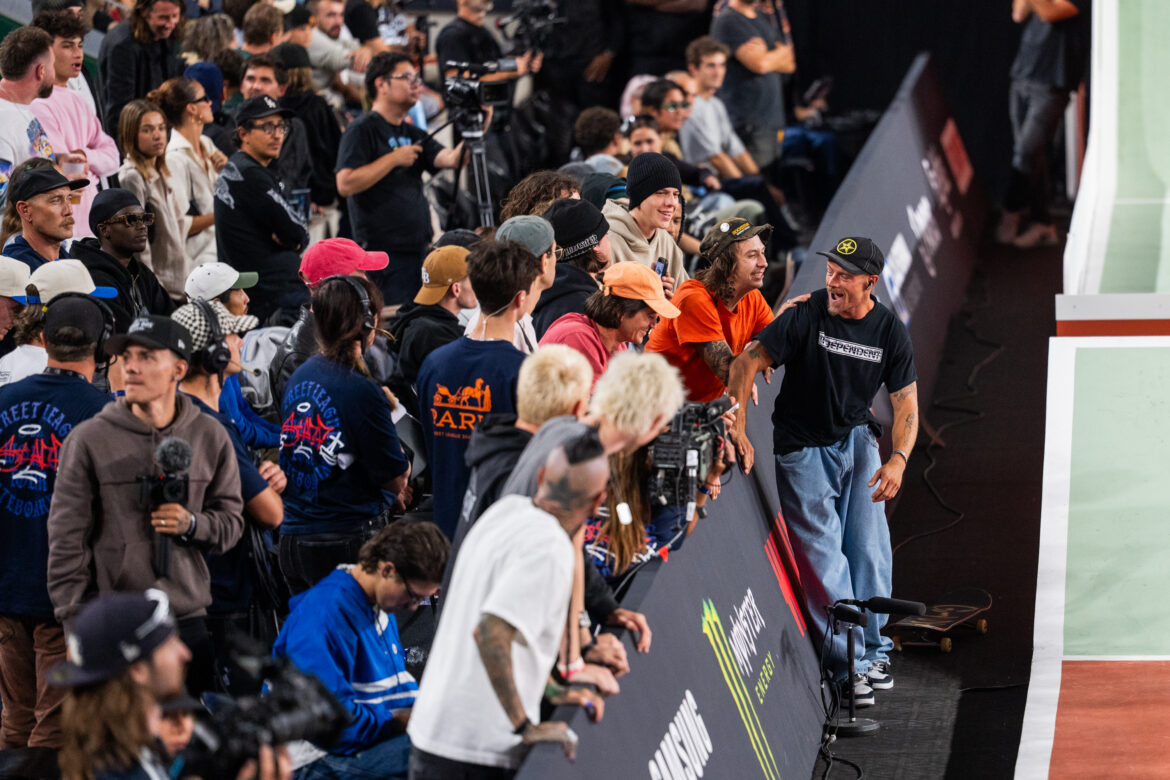 Chris Joslin reacts with the crowd during SLS Paris 2026 at Roland-Garros in Paris.
