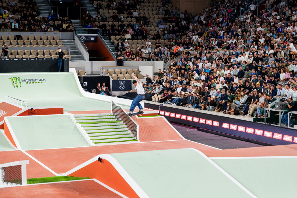 Giovanni Vianna performs a full cab frontside noseslide during the SLS Paris 2026 men's final at Roland-Garros in Paris.