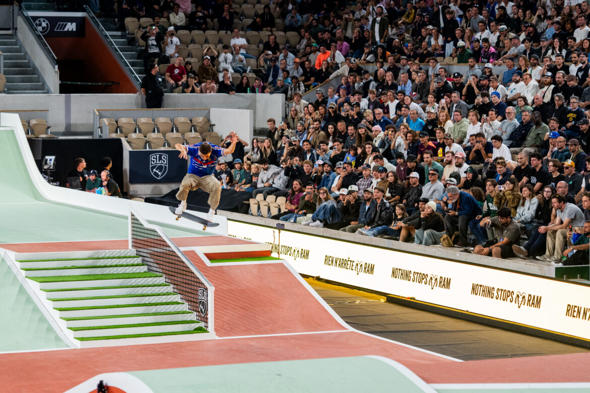 Vincent Milou performs a frontside kickflip lipslide during the SLS Paris 2026 men's final at Roland-Garros in Paris