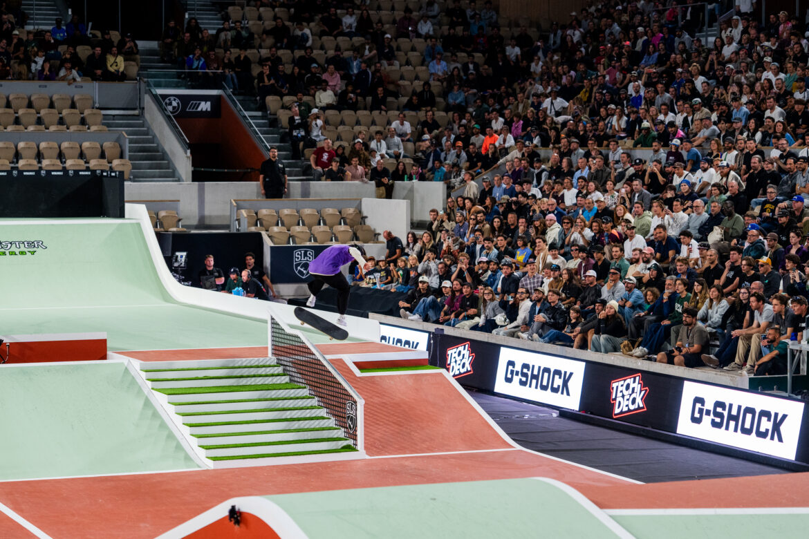 Nyjah Huston performs a nollie heelflip backside lipslide during SLS Paris 2026 at Roland-Garros in Paris.