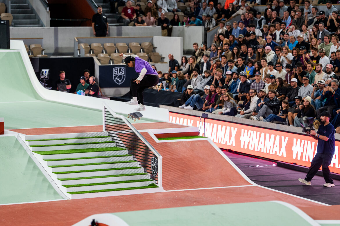 Nyjah Huston performs a switch heelflip boardslide down the rail during SLS Paris 2026 at Roland-Garros in Paris.