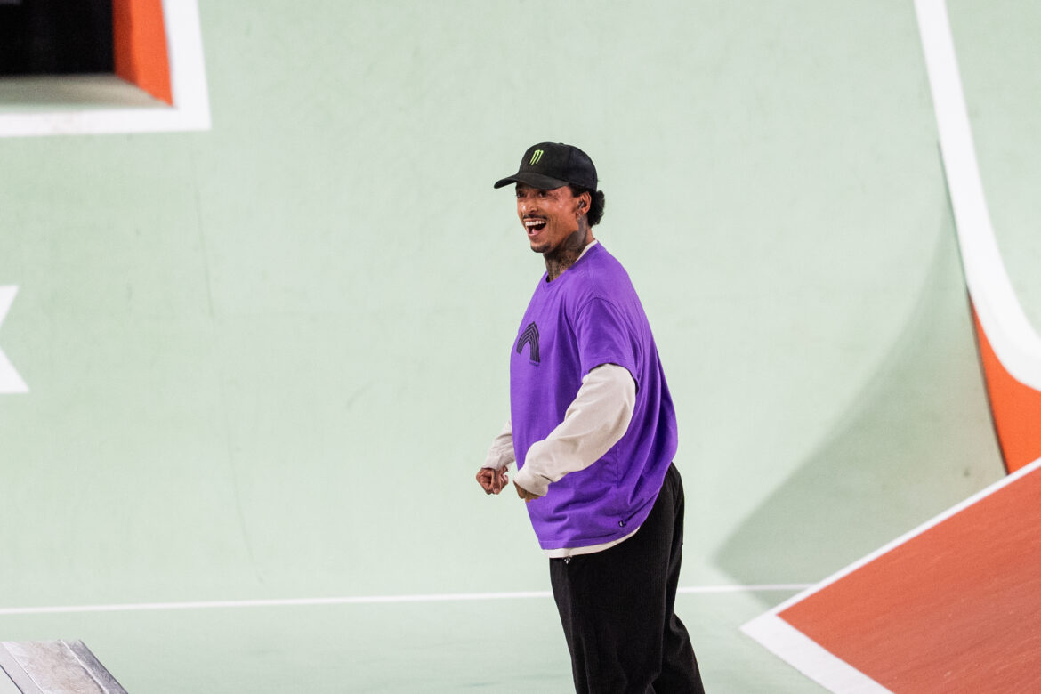 Nyjah Huston reacts after his run during the SLS Paris 2026 Street League Skateboarding competition at Roland-Garros in Paris.