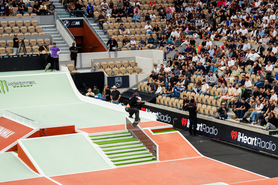 Gustavo Ribeiro skates the stair set during SLS Paris 2026 at Roland-Garros in Paris.