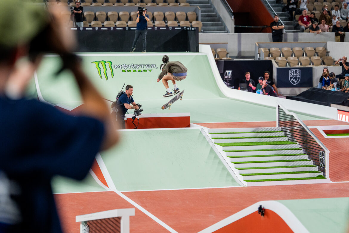Ginwoo Onodera performs a backside kickflip during SLS Paris 2026 at Roland-Garros in Paris.