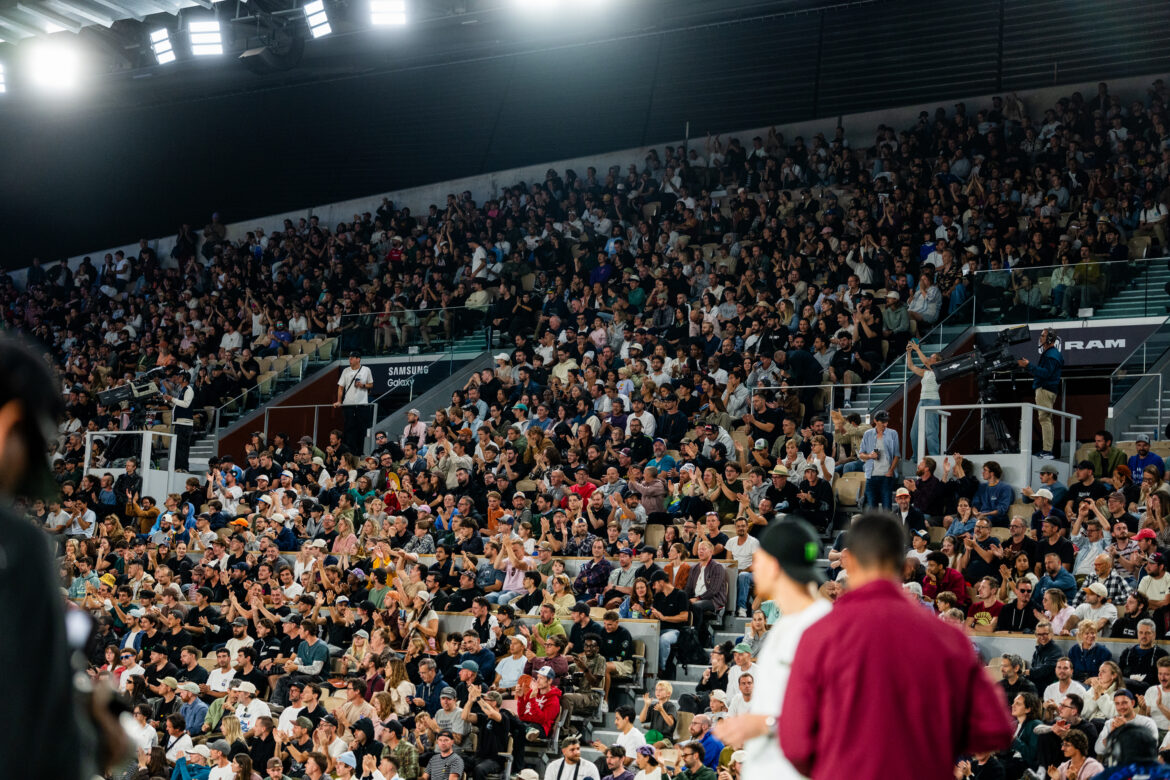 Packed crowd watches SLS Paris 2026 Street League Skateboarding at Roland-Garros in Paris.