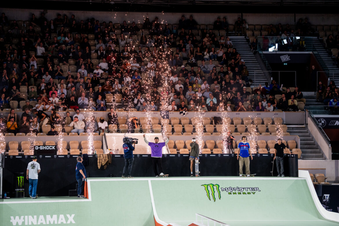 Nyjah Huston celebrates a 9 Club score at SLS Paris 2026 Street League Skateboarding.