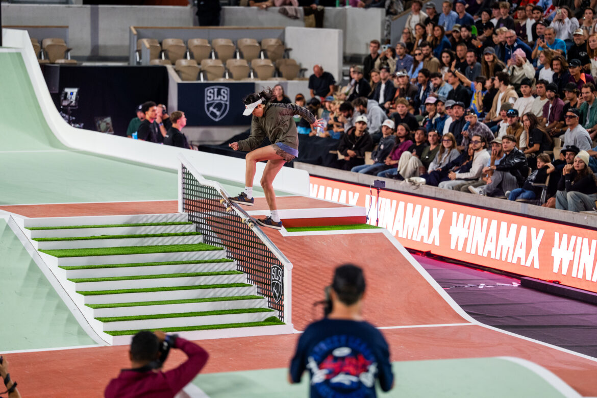Ginwoo Onodera grinds the handrail during SLS Paris 2026 Street League Skateboarding.