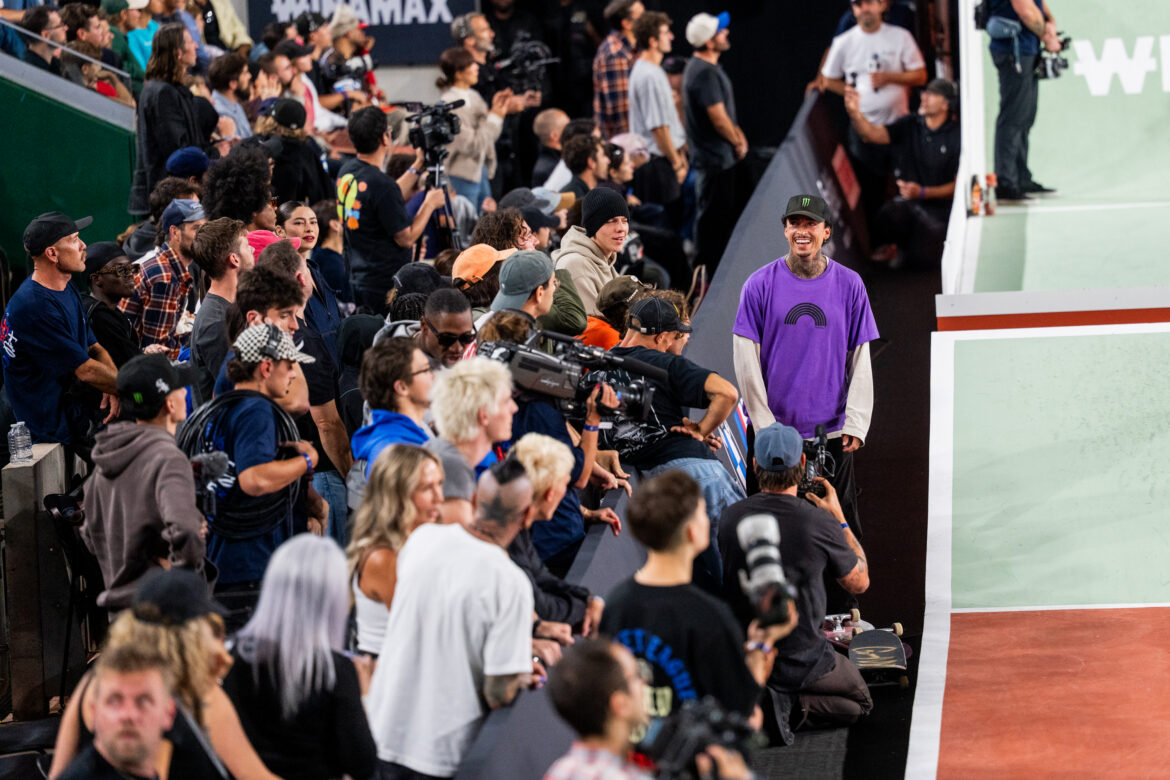 Nyjah Huston celebrates with the crowd after his run at SLS Paris 2026 Street League Skateboarding