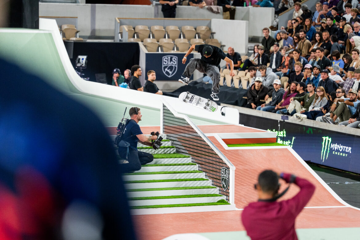 Tao Sasaki nollie heelflip noseblunt down the handrail at SLS Paris 2026 Street League Skateboarding.