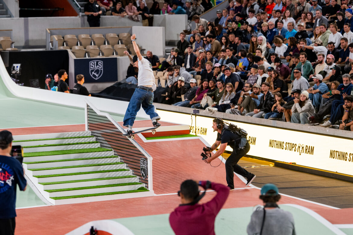 Giovanni Vianna grinding the handrail during SLS Paris 2026 Street League Skateboarding.