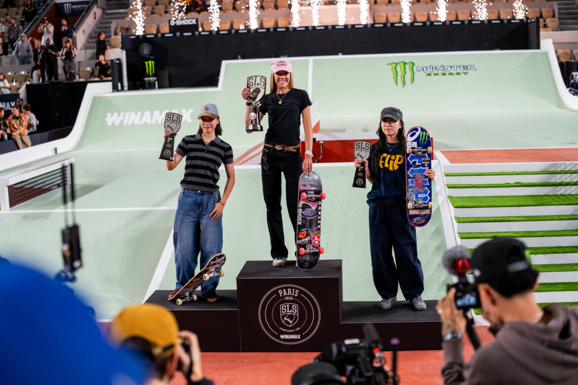 Women’s podium at SLS Paris 2026 with Chloe Covell, Coco Yoshizawa and Liz Akama.