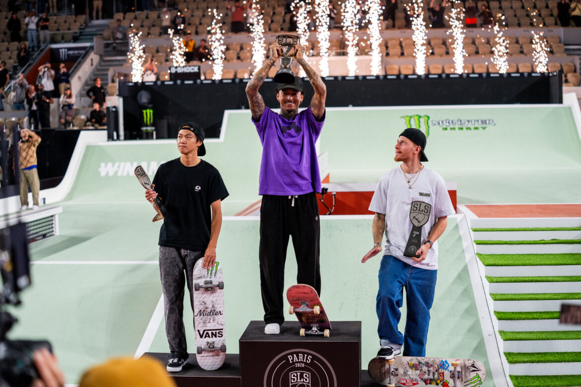 Men’s podium at SLS Paris 2026 with Nyjah Huston, Toa Sasaki and Giovanni Vianna.