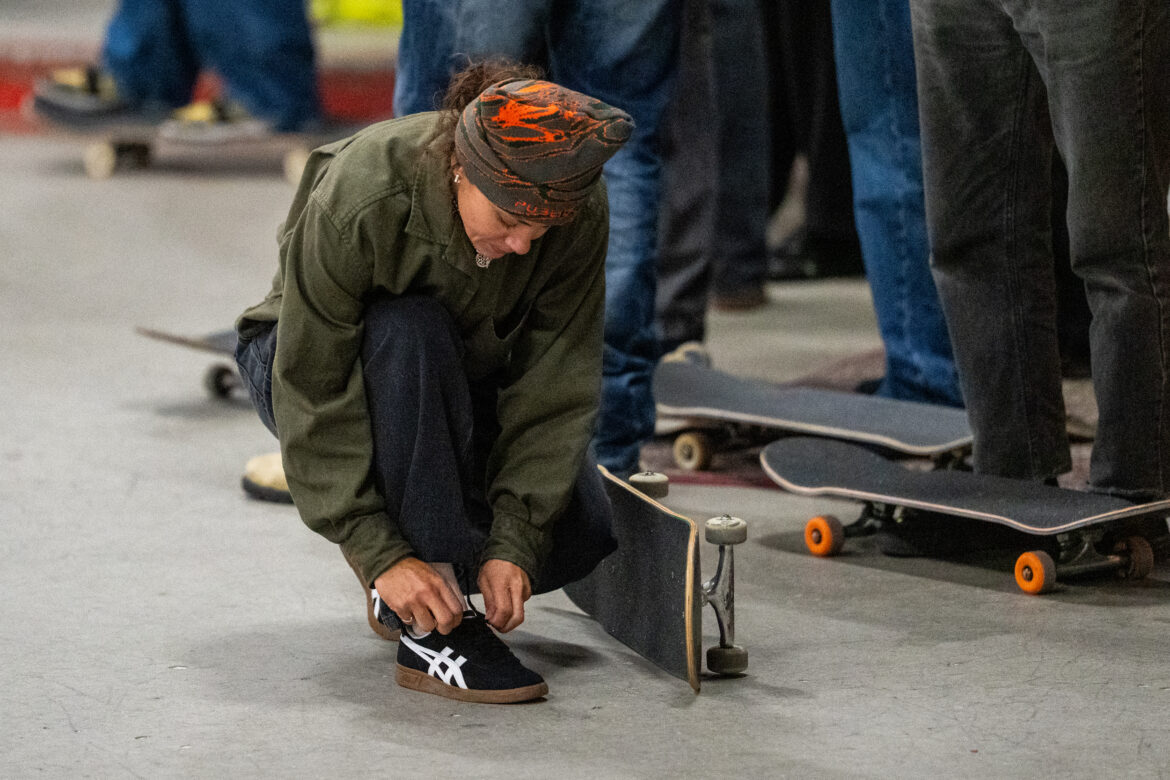 Asics Skateboarding Docu/Style Action Premiere and team session at PARK Amsterdam Monica Torres lacing up her Asics Skateboarding shoes