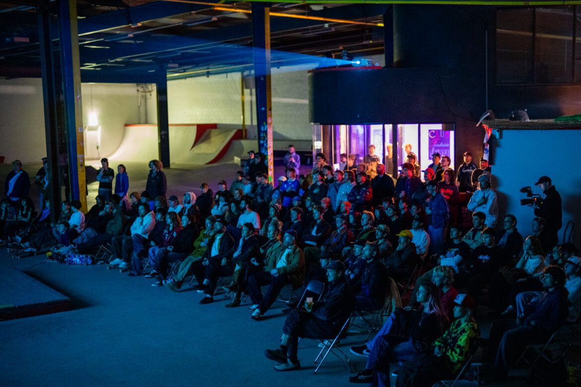 Asics Skateboarding Docu/Style Action Premiere and team session at PARK Amsterdam audience watching the movie during the Asics Skateboarding Docu/Style Action Premiere and team session at PARK Amsterdam at 28 of October 2026.