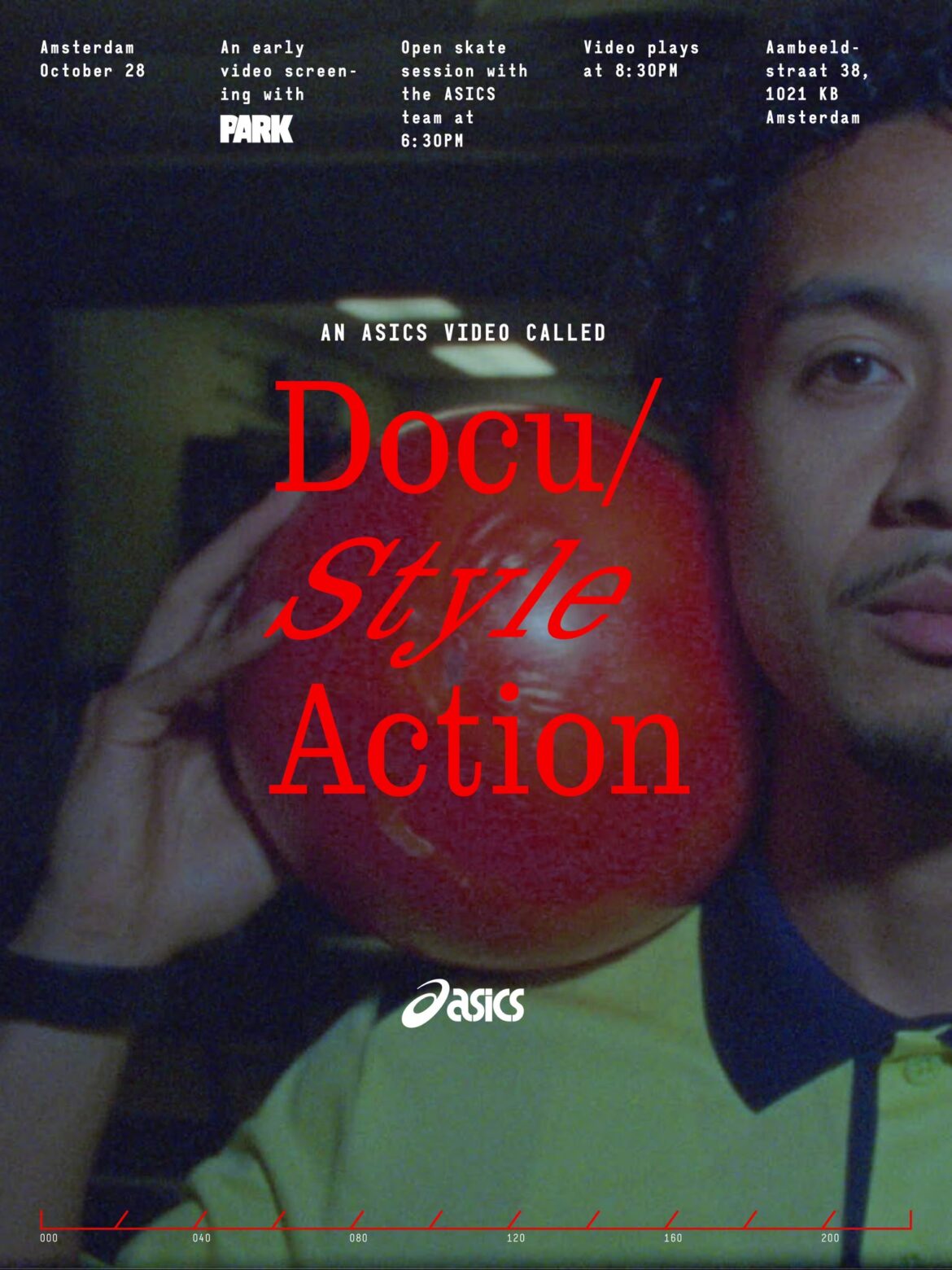 ASICS Docu/Style Action skateboardvideoscreening bij PARK Amsterdam op 28 oktober 2026, met open skatesessie en videopremière.